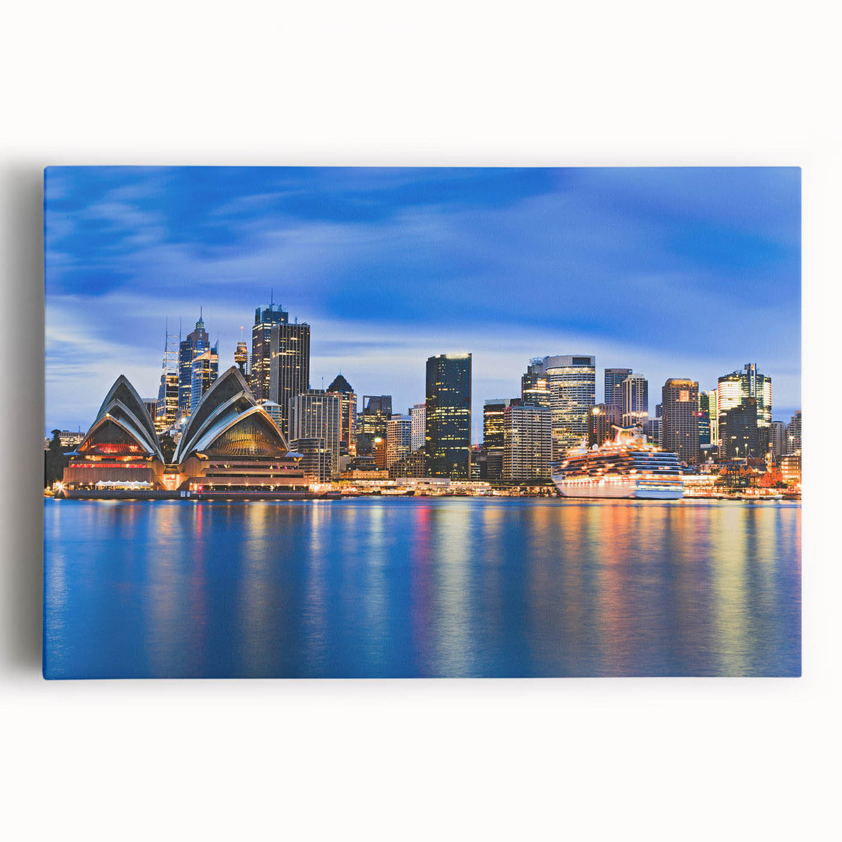 Black and white stretched canvas of Sydney skyline, ideal for kitchen wall art.