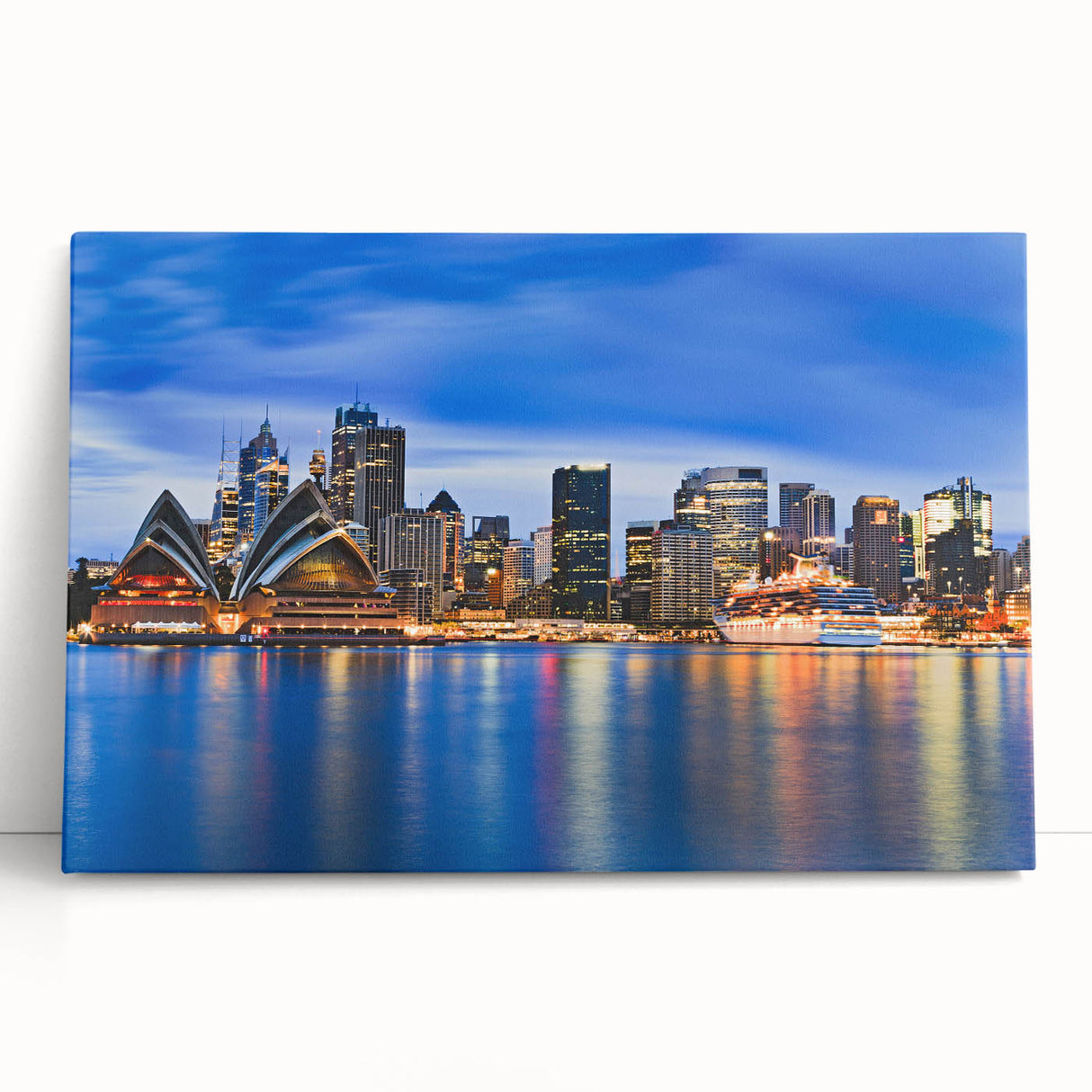 Black and white photo of Sydney skyline on stretched canvas, ideal for kitchen wall art or bedroom ambiance.