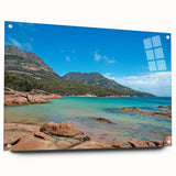 Acrylic print of a Tasmanian landscape in muted earth tones, ideal for bedroom or dining room decor.