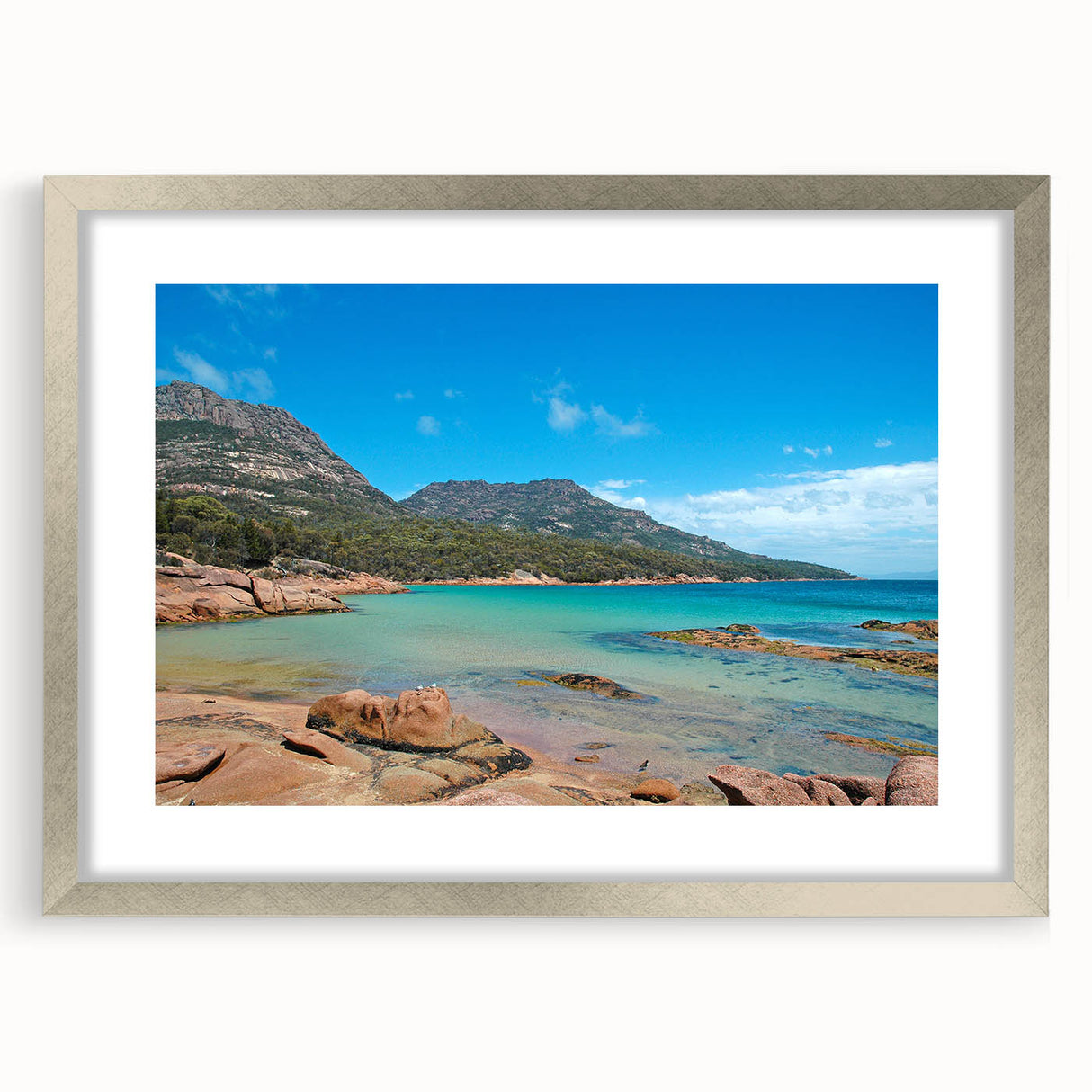 Abstract art print of Tasmania landscape in muted earth tones on a framed canvas, suitable for dining room decor.