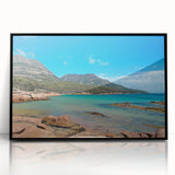 Large abstract wall art depicting a Tasmanian landscape in muted earth tones on a framed acrylic.