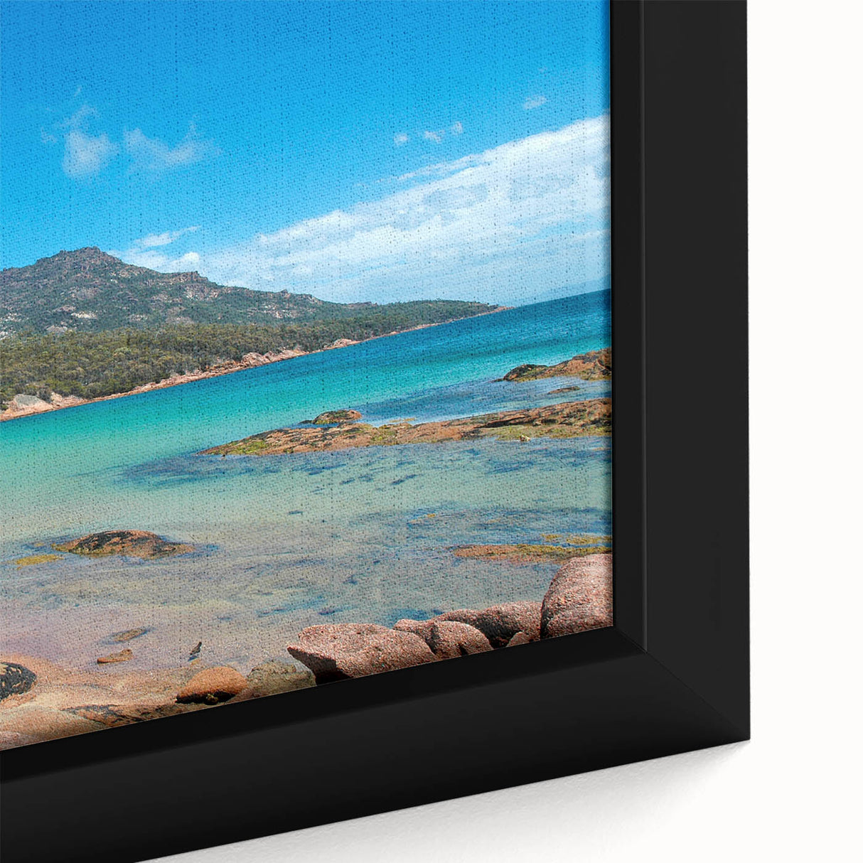 Framed canvas of a textured Tasmania scenery in black with vibrant color accents, ideal for living room decor.