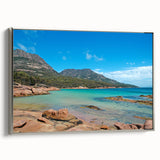 Framed canvas depicting a serene Tasmanian landscape in muted earth tones, ideal for bedroom wall art.