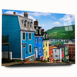 Acrylic print of a serene Newfoundland landscape in muted greens and blues, ideal for bedroom or dining room art.