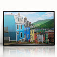 Large abstract wall art depicting a stylized Newfoundland scenery in muted gray and green tones, framed in black acrylic.