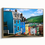 Framed canvas depicting a vintage-style Newfoundland landscape in muted gold and black tones, ideal for bedroom wall decor.