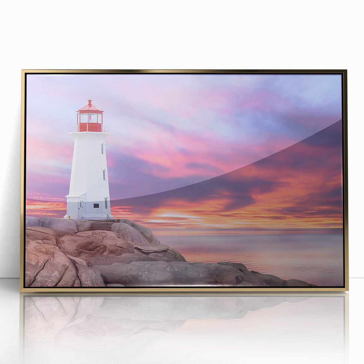 Framed acrylic print of Nova Scotia scenery in gold tones, ideal for modern art wall decor.