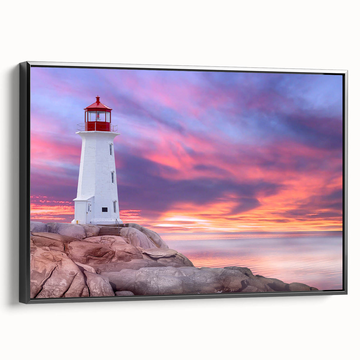 Black and white wall art featuring a vintage poster-style landscape of Nova Scotia on a framed canvas.