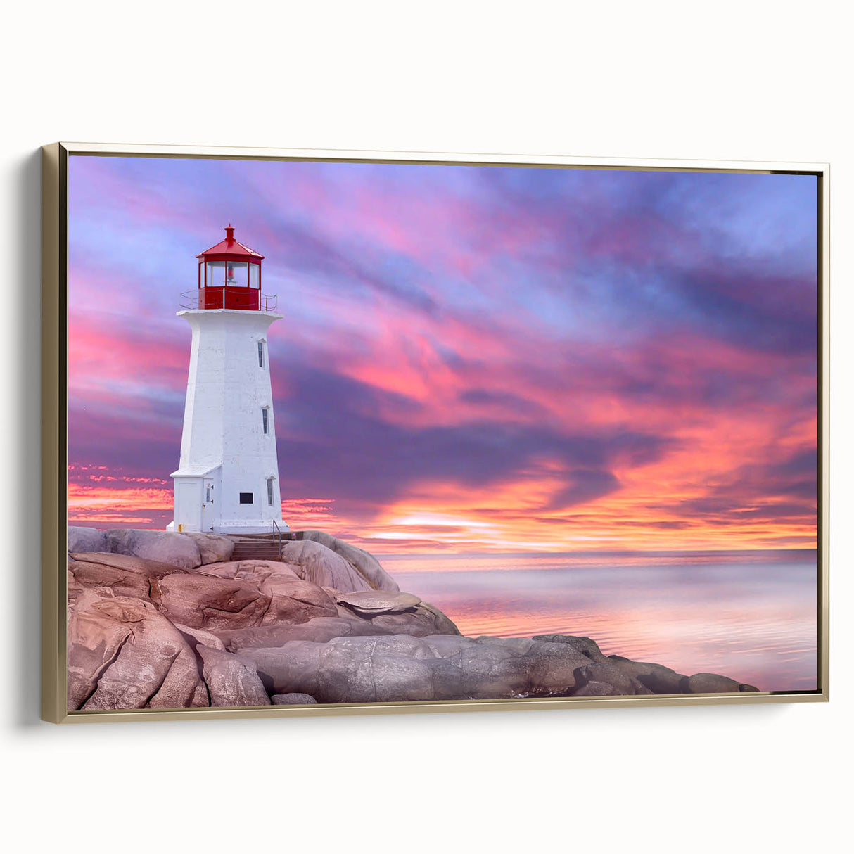 Framed canvas featuring a vintage-style landscape painting of Nova Scotia, with muted earth tones.