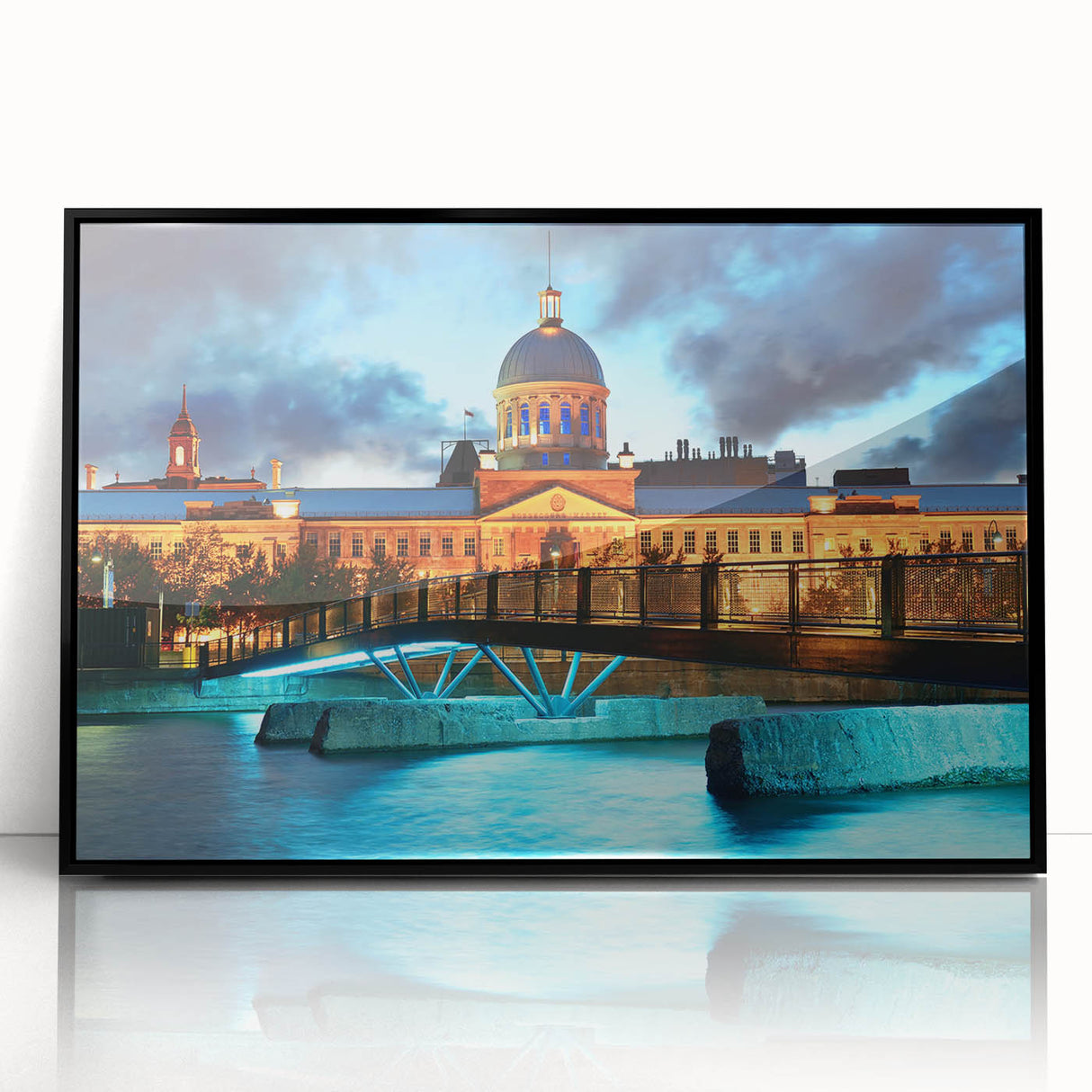 Large abstract wall art depicting a stylized Quebec scenery in black and white tones on a framed acrylic.