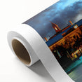 Art Deco poster of Quebec scenery on rolled canvas, featuring cool blues and greens, ideal for nursery wall art.