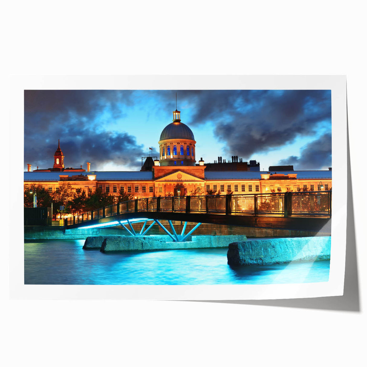 Rolled print of Quebec scenery with vibrant green and floral motifs, suitable for dining room or bathroom wall art.