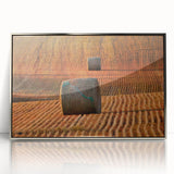 Mid-century modernist art of Saskatchewan scenery in silver-framed acrylic, featuring serene blue and green tones.
