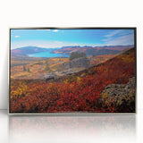 Framed acrylic print of Yukon scenery in mid-century modernist style, featuring muted earth tones.