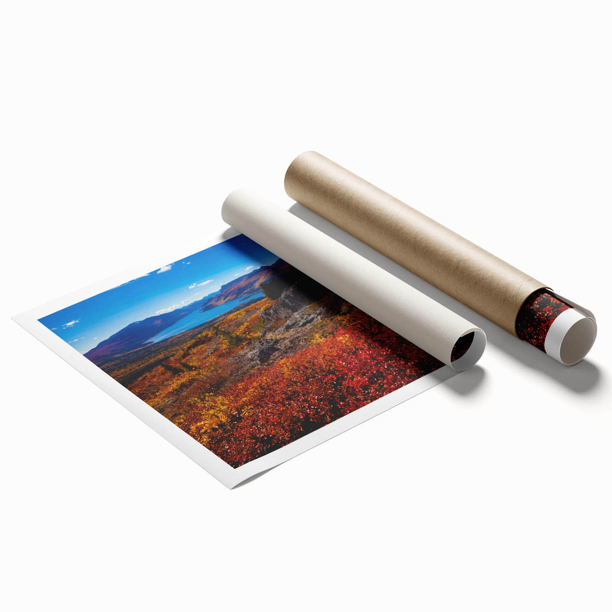 Rolled print of a serene Yukon landscape with muted green and blue tones, ideal for large living room or bathroom wall art.