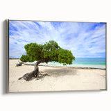 Framed canvas featuring a vintage-style landscape of the Caribbean in Aruba with vibrant blue and green tones.