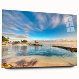 Large abstract wall art of Caribbean scenery in vibrant blue and green hues on acrylic glass.