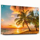 Acrylic print of a Caribbean scenery with vibrant blue and green tones, ideal for dining room decor.