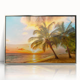 Large art print of a Caribbean scenery on a silver-framed acrylic, featuring mid-century modernist style.