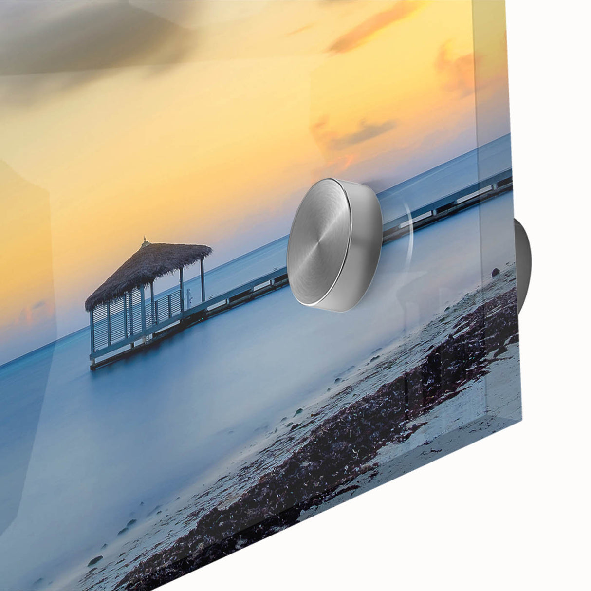 Large abstract wall art depicting Caribbean scenery in vivid blue tones on acrylic glass, suitable for dining room decor.