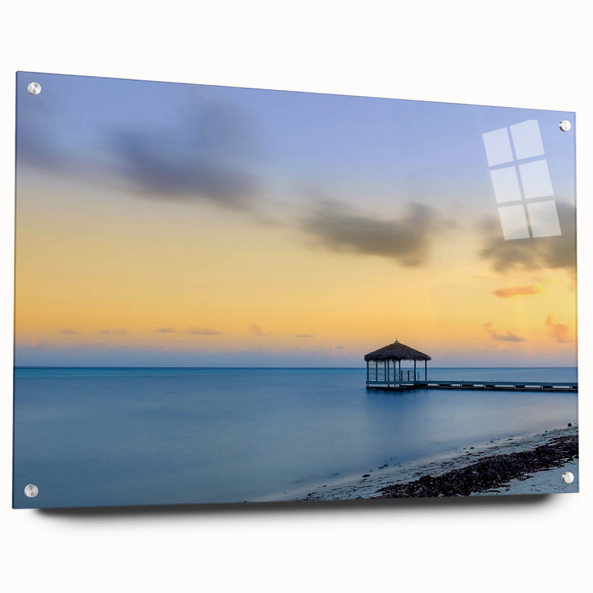 Large abstract wall art of Caribbean scenery on acrylic glass, featuring vibrant blue and green tones.