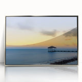 Framed acrylic print of a Caribbean seascape in art deco style, featuring vibrant blue and turquoise tones.
