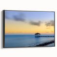 Black and white framed canvas featuring a vintage-style Caribbean landscape, ideal for bedroom wall art.