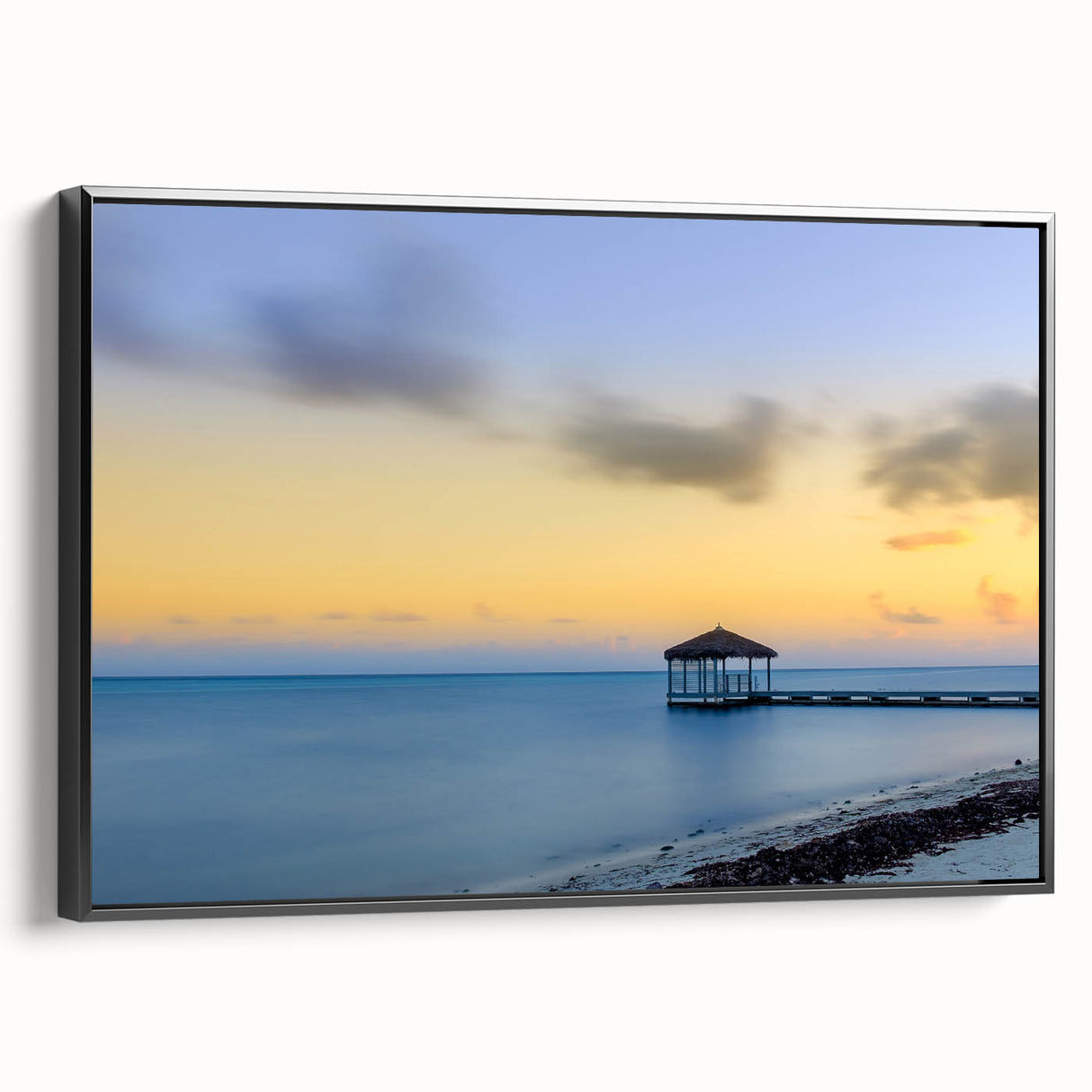 Black and white framed canvas featuring a vintage-style Caribbean landscape, ideal for bedroom wall art.