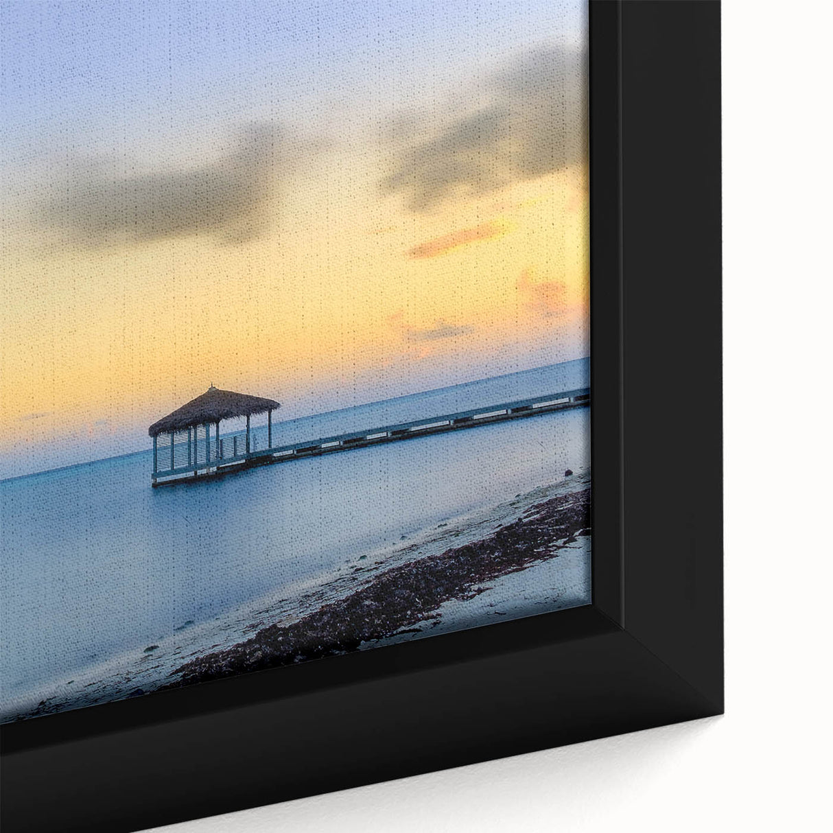 Framed canvas featuring a textured, colorful Caribbean scenery, ideal for living room decor.