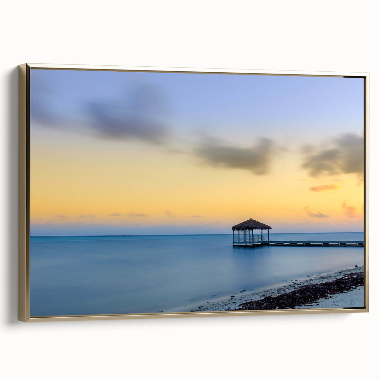 Vintage poster art of a Caribbean scenery on framed canvas, featuring vibrant tropical colors, ideal for living room decor.