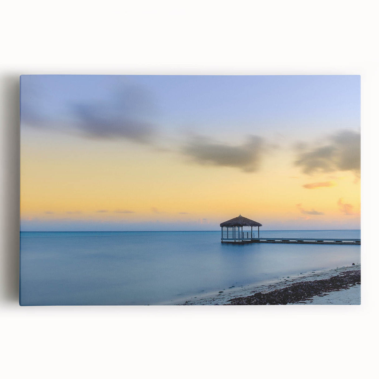Black and white stretched canvas featuring a serene Caribbean beach scene, ideal for kitchen wall art or bedroom decor.