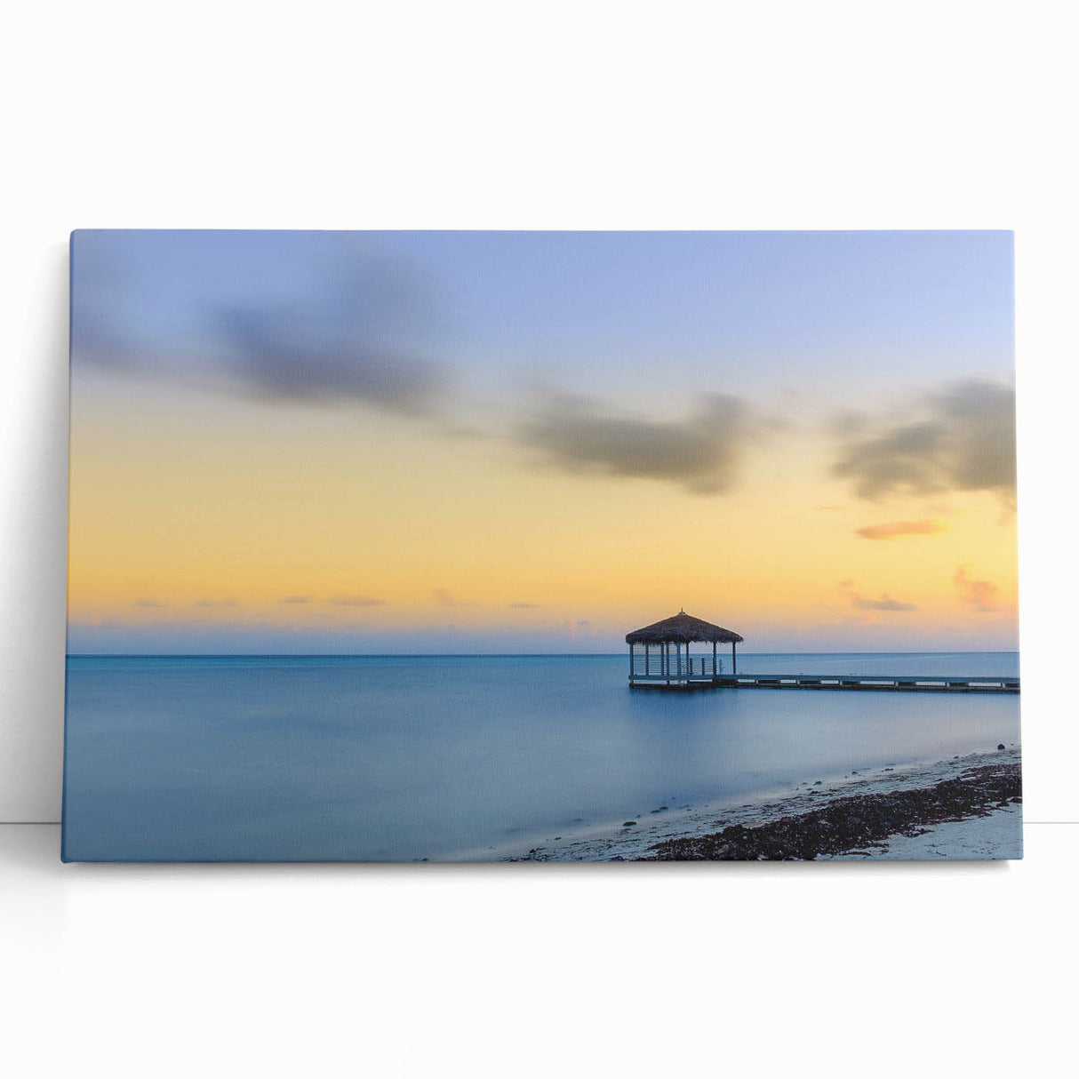 Black and white stretched canvas of Caribbean scenery, ideal for kitchen wall art.