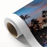Art deco poster of a Caribbean scenery in pastel blue and green tones on rolled canvas, ideal for nursery wall art.