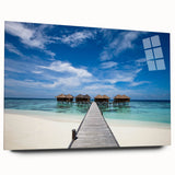 Large abstract wall art of Caribbean scenery in vibrant blue and green tones on acrylic glass.