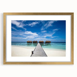 Abstract art print of Caribbean Martinique scenery in gold frame with mat, featuring blue and green tones.