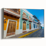 Landscape art painting of a Caribbean scene on framed canvas, featuring vibrant colors and vintage poster style.