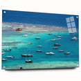 Acrylic print of a Caribbean scenery featuring calm blue waters and lush green islands, suited for dining room decor.
