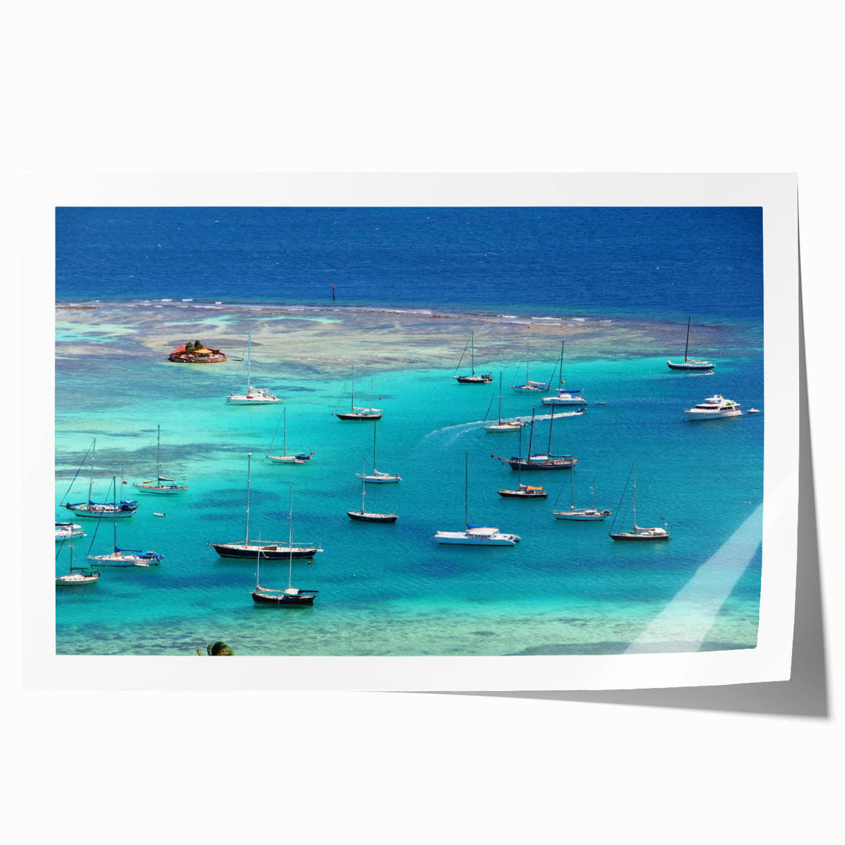 Rolled print of a Caribbean scenery with vibrant green and blue tones, suitable as art wall dining room decor.
