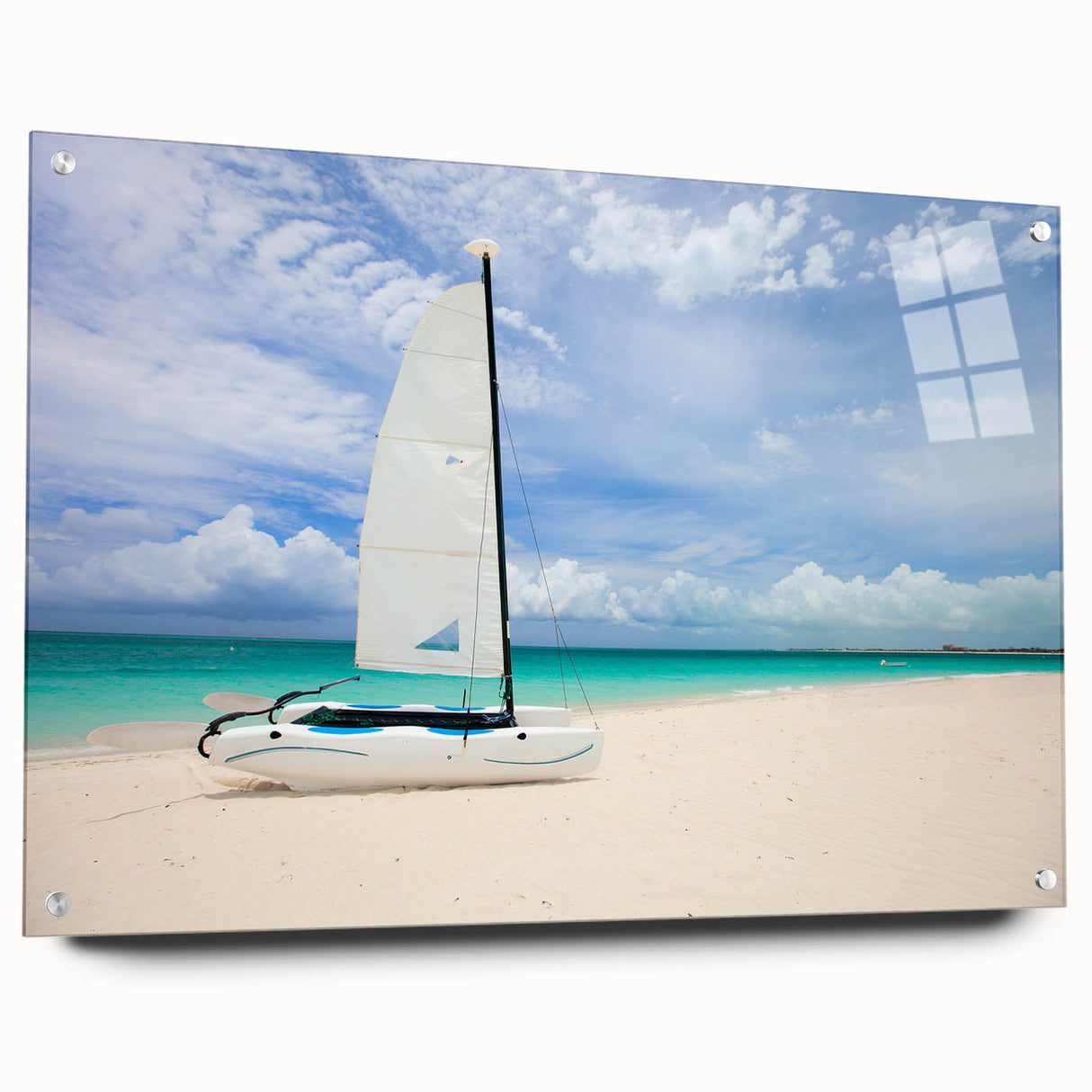 Large abstract wall art of Caribbean scenery on acrylic glass, featuring vivid blue and green tones.
