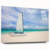 Large abstract wall art of Caribbean scenery on acrylic glass, featuring vivid blue and green tones.