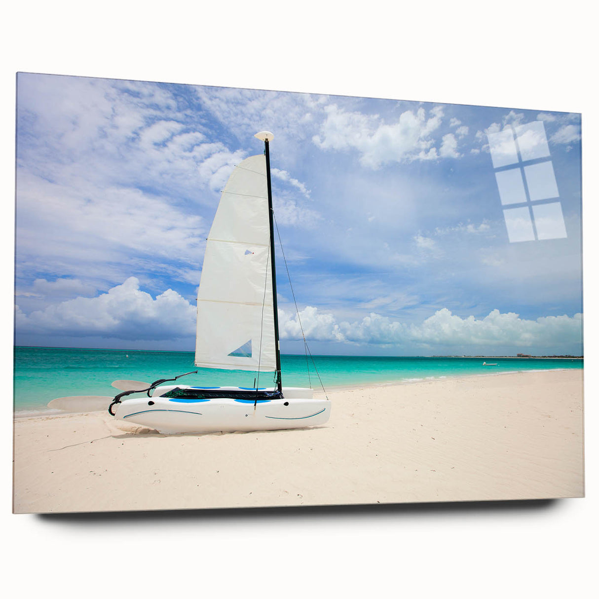 Large abstract wall art on acrylic glass depicting vibrant Caribbean scenery, ideal for bedroom or dining room decor.