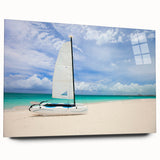 Large abstract wall art on acrylic glass depicting vibrant Caribbean scenery, ideal for bedroom or dining room decor.