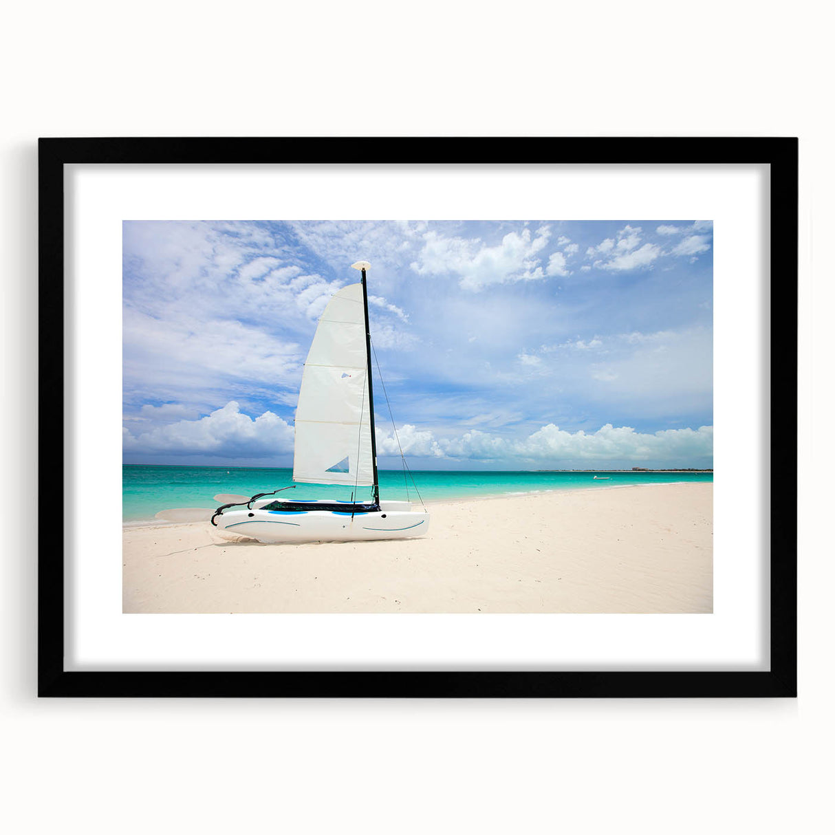 Extra large abstract art print of a Caribbean scene in vibrant colors on a textured canvas, framed in black.