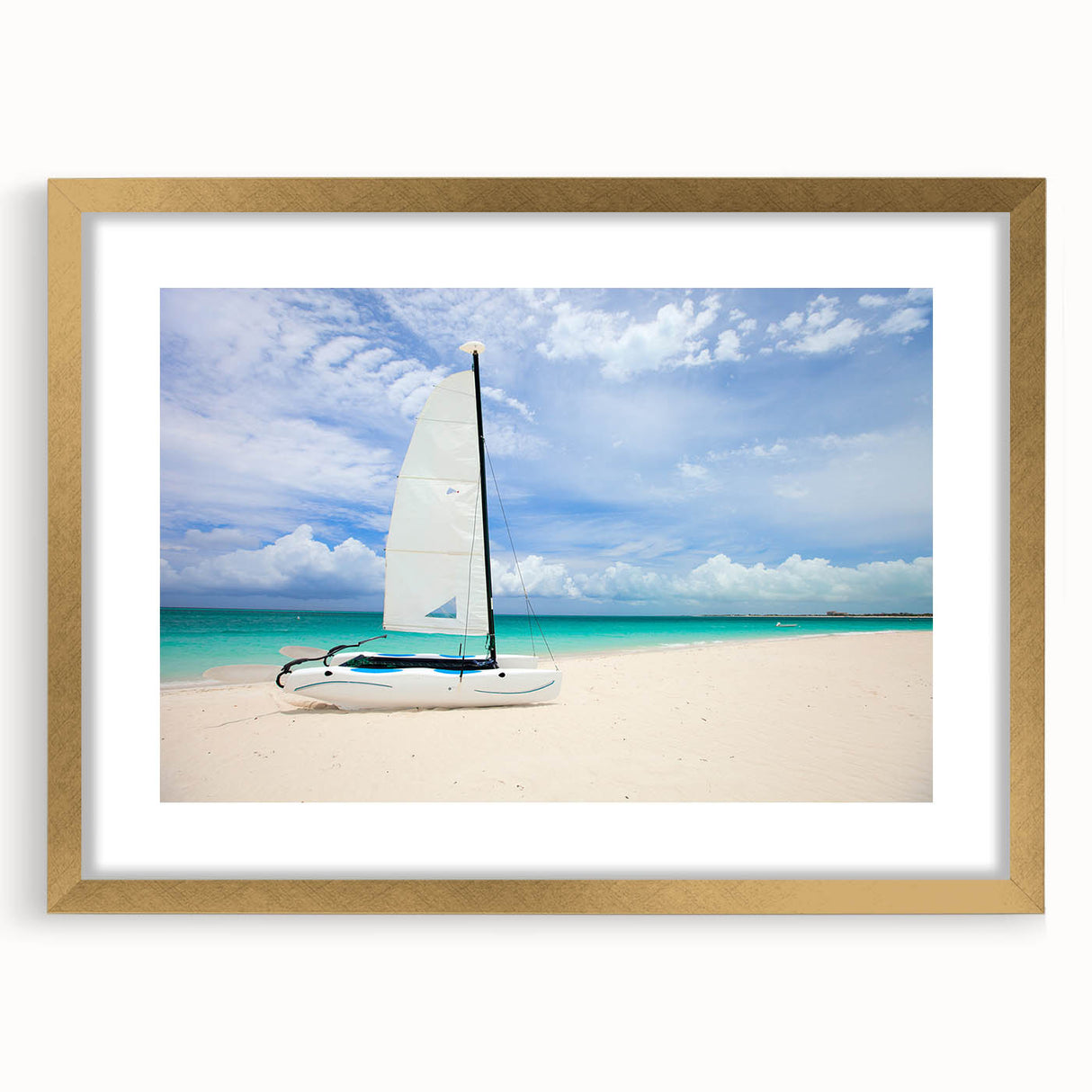 Extra large abstract art print depicting Caribbean scenery in textured style, framed in gold, ideal for living room decor.