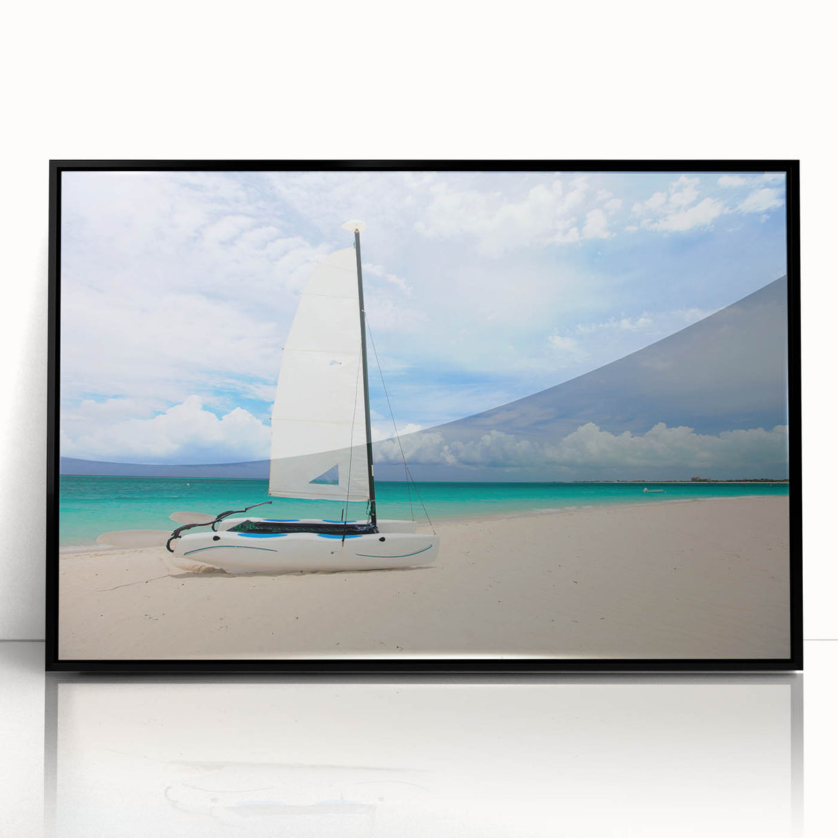 Large abstract wall art featuring a Caribbean scenery in vibrant turquoise and green, framed in black acrylic.