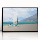 Large abstract wall art featuring a Caribbean scenery in vibrant turquoise and green, framed in black acrylic.