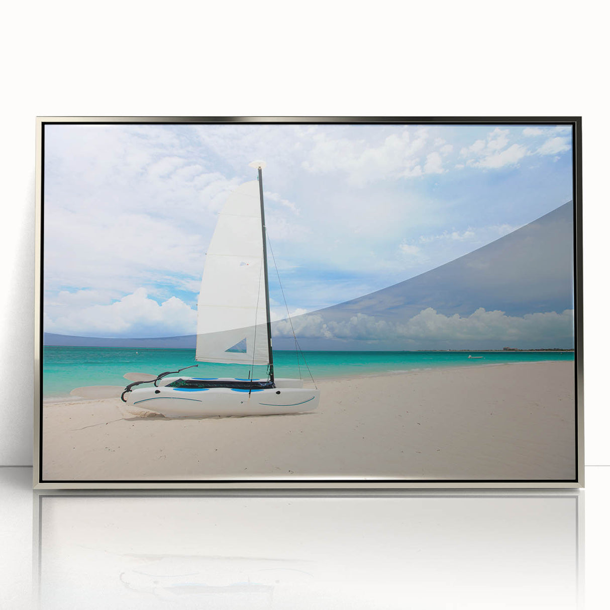 Mid-century modernist art of a Caribbean scenery on a framed acrylic print, featuring turquoise and silver tones.