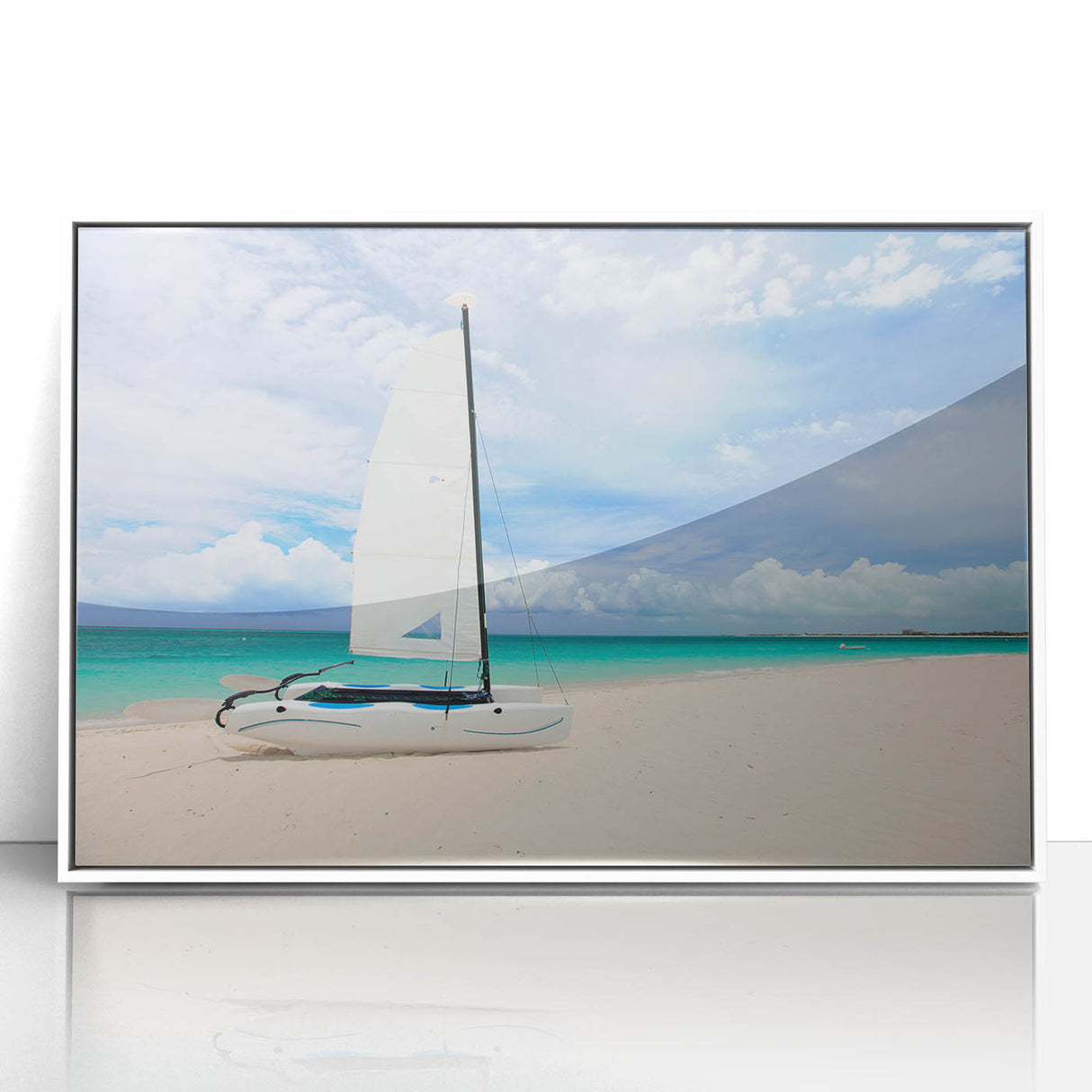 Art deco poster of a Caribbean scenery in soft pastel shades, framed in white acrylic, suitable for modern nursery decor.