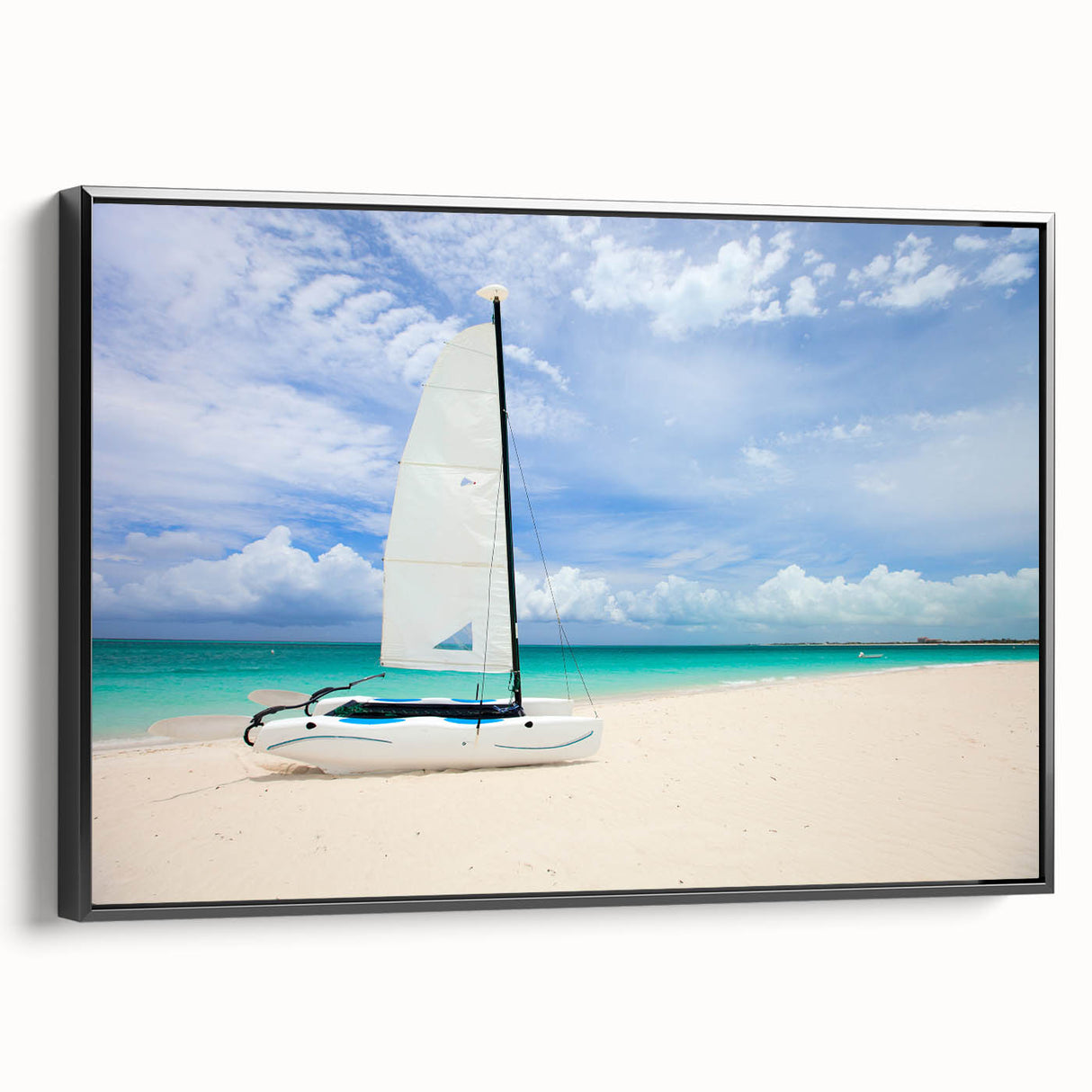 Black and white framed canvas featuring a vintage landscape of the Caribbean Turks, ideal for bedroom wall decor.