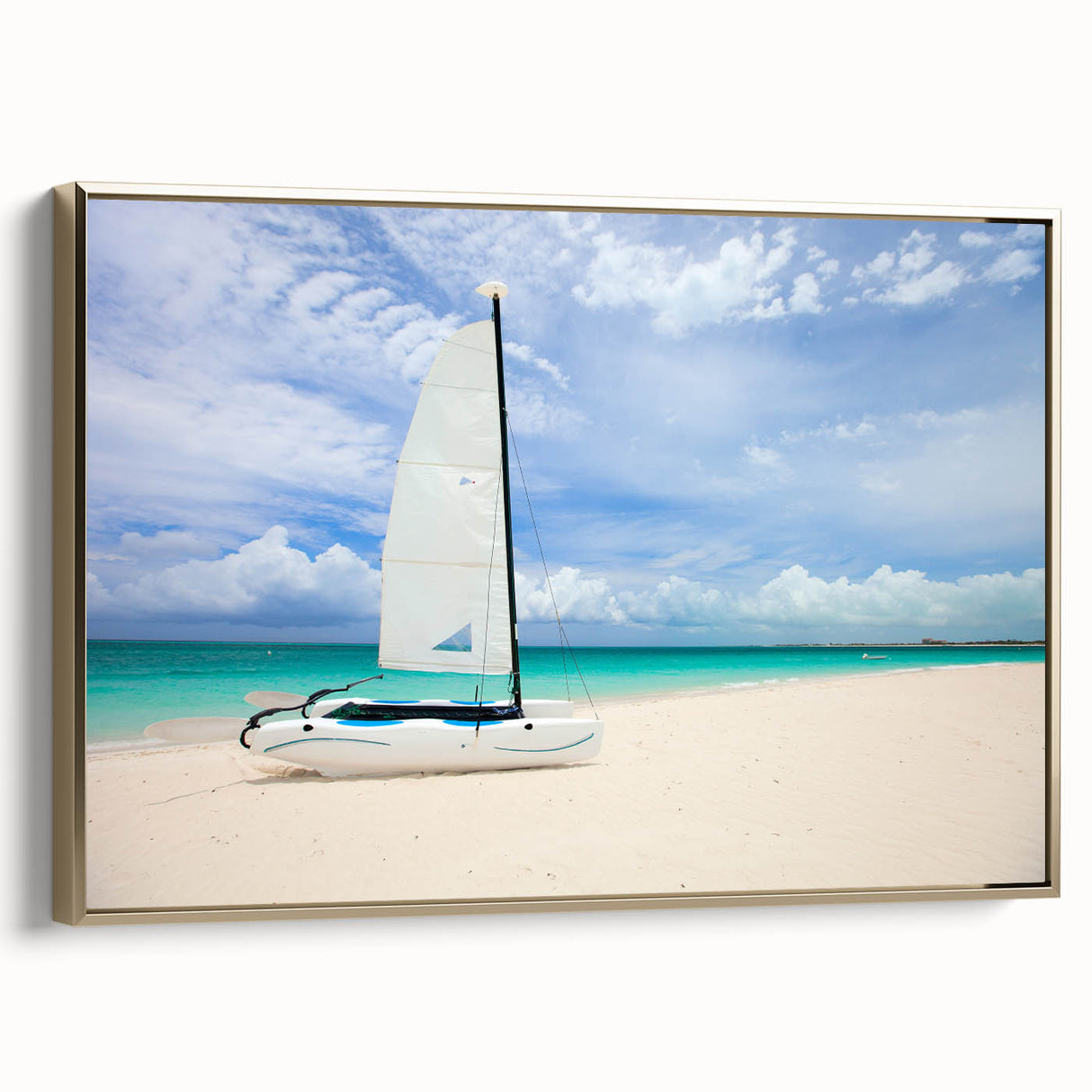 Framed canvas depicting a Caribbean landscape with turquoise waters and lush greenery, in a vintage poster style.